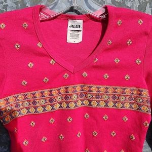 VINTAGE 90'S Raised Glitter Aztec Design Jalate Long Sleeve Vneck Shirt